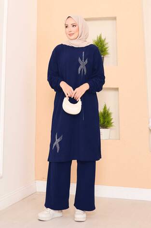 Stilize Taş Desenli Mini Yırtmaçlı Tesettür Takım Saks - Thumbnail