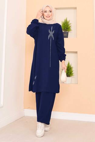 Stilize Taş Desenli Mini Yırtmaçlı Tesettür Takım Saks - Thumbnail