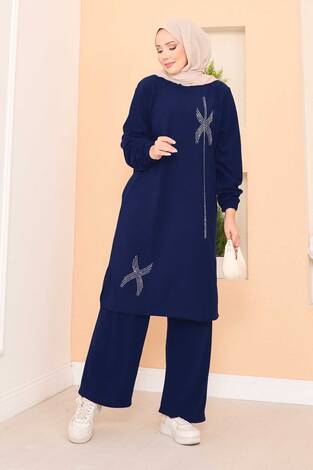 Stilize Taş Desenli Mini Yırtmaçlı Tesettür Takım Saks - Thumbnail