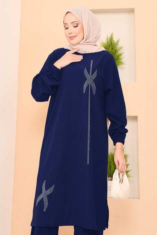 Stilize Taş Desenli Mini Yırtmaçlı Tesettür Takım Saks - Thumbnail