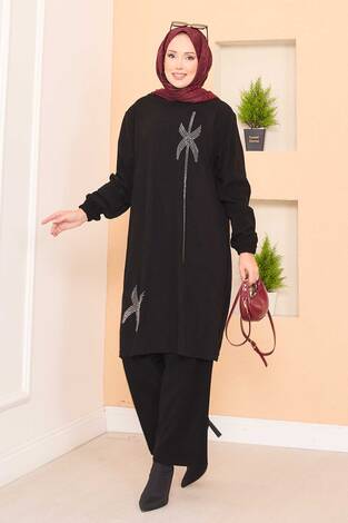Stilize Taş Desenli Mini Yırtmaçlı Tesettür Takım Siyah - Thumbnail