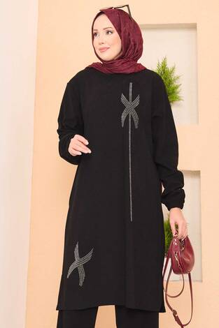 Stilize Taş Desenli Mini Yırtmaçlı Tesettür Takım Siyah - Thumbnail