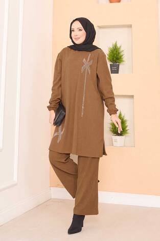 Stilize Taş Desenli Mini Yırtmaçlı Tesettür Takım Taba - Thumbnail