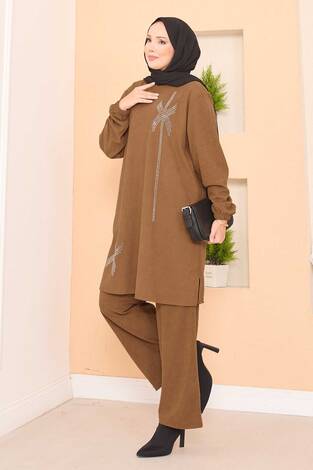 Stilize Taş Desenli Mini Yırtmaçlı Tesettür Takım Taba - Thumbnail