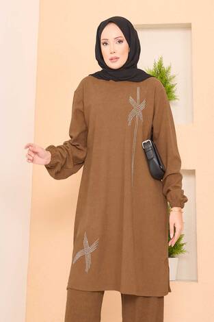 Stilize Taş Desenli Mini Yırtmaçlı Tesettür Takım Taba - Thumbnail