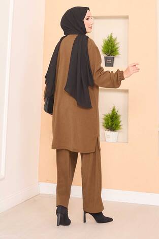 Stilize Taş Desenli Mini Yırtmaçlı Tesettür Takım Taba - Thumbnail