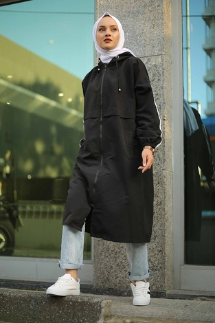 Striped hooded trench coat 10045-1 Black - Thumbnail