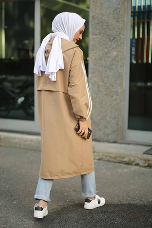 Striped hooded trench coat 10045-2 Mink color - Thumbnail