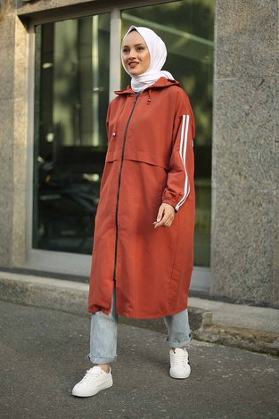 Striped hooded trench coat 10045-3 Brick color - Thumbnail