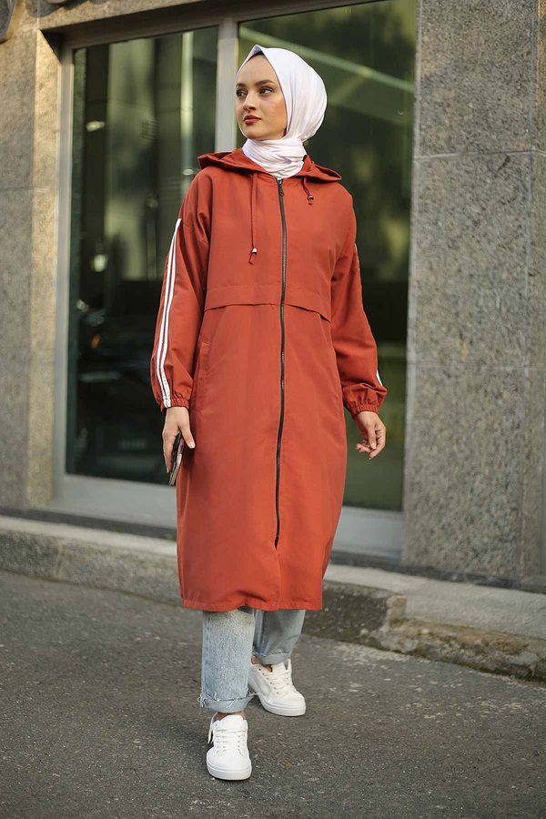 Striped hooded trench coat 10045-3 Brick color
