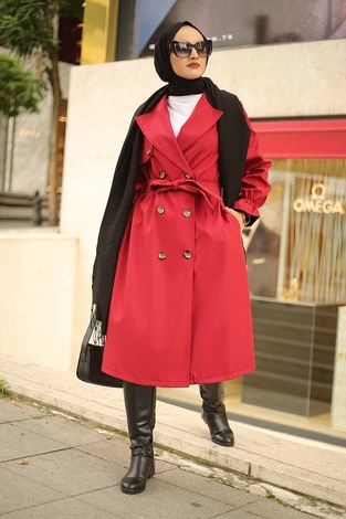 Style Trench Coat 10067-8 Red - Thumbnail