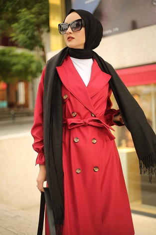 Style Trench Coat 10067-8 Red - Thumbnail