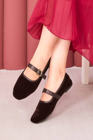 Süet Altın Tokalı Mary Jane Babet Kahve - Thumbnail