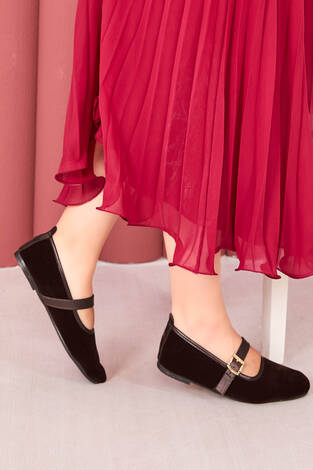 Süet Altın Tokalı Mary Jane Babet Kahve - Thumbnail