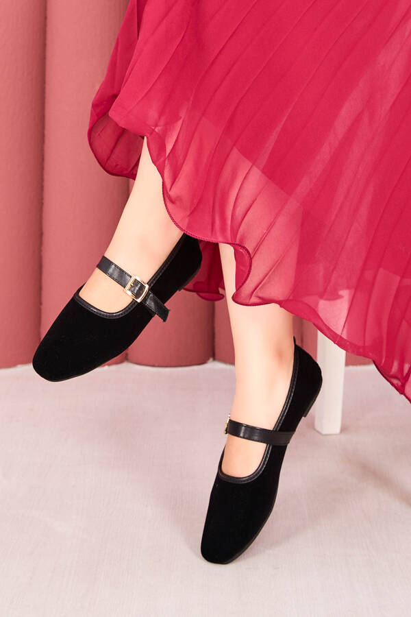 Srç - Süet Altın Tokalı Mary Jane Babet Siyah