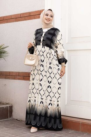 Sulu Desenli Viskon Tesettür Elbise Siyah - Thumbnail