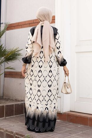 Sulu Desenli Viskon Tesettür Elbise Siyah - Thumbnail