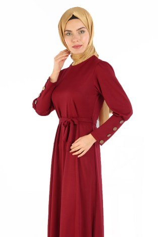 Tahta Düğmeli Kuşaklı Elbise EL1596-05 - Thumbnail