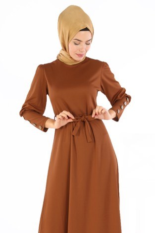 Tahta Düğmeli Kuşaklı Elbise EL1596-06 - Thumbnail