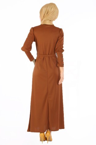 Tahta Düğmeli Kuşaklı Elbise EL1596-06 - Thumbnail
