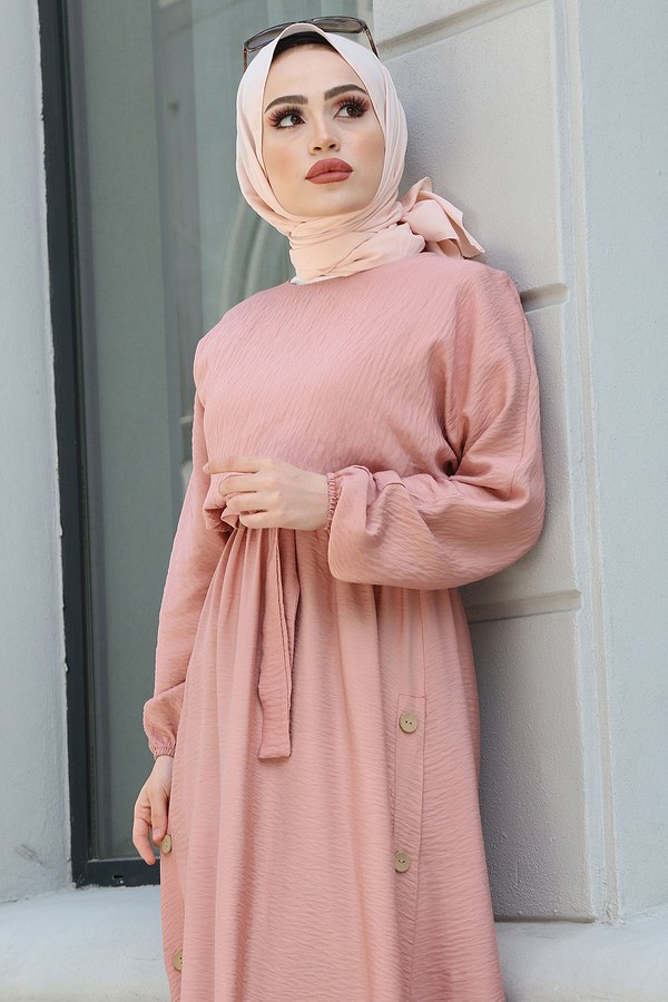  - Tarz Düz Desen Elbise 5796-6 GülKurusu (1)