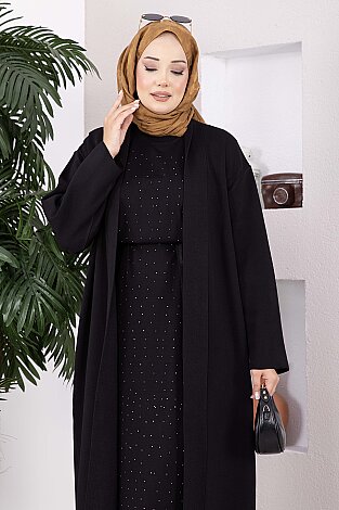 Taş Detaylı Bağcıklı Elbise & Hırka Triko Takım Siyah - 2
