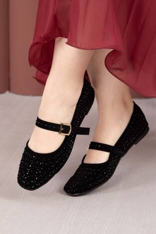 Taş Detaylı Mary Jane Babet Ayakkabı Siyah - Thumbnail