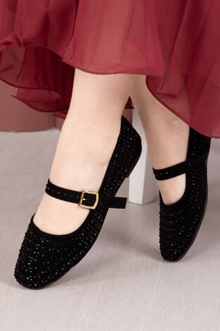 Taş Detaylı Mary Jane Babet Ayakkabı Siyah - Thumbnail