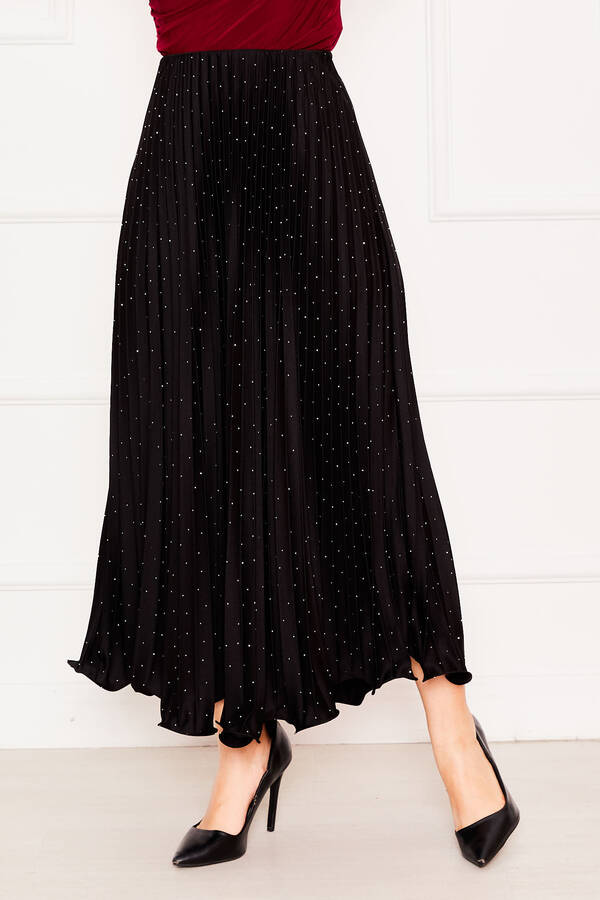 Kç - Taş Detaylı Pliseli Jarse Etek Siyah (1)