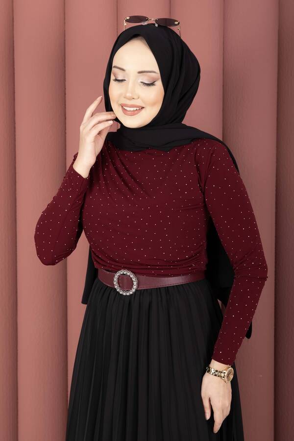 Taş Detaylı Sandy Body Bordo - 3