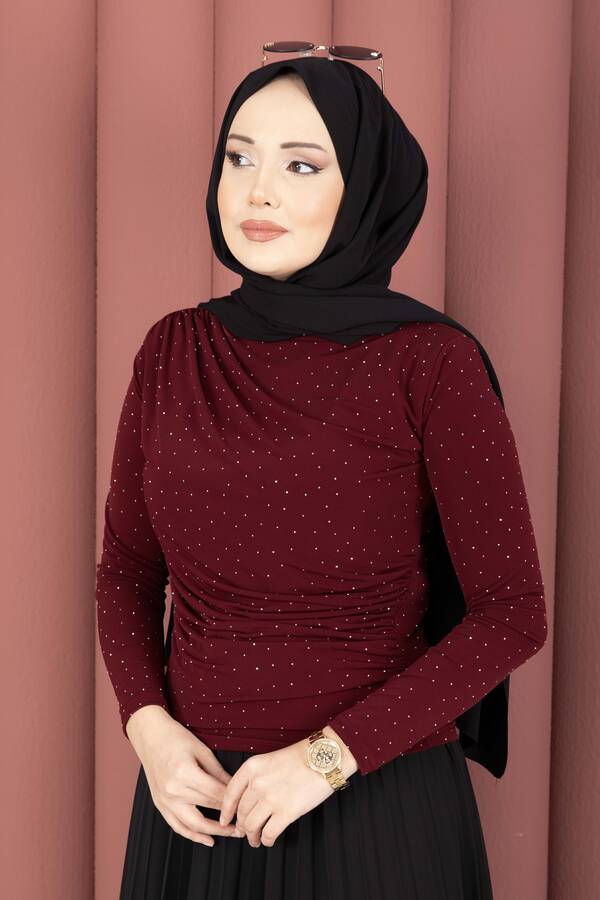 Özk - Taş Detaylı Sandy Body Bordo