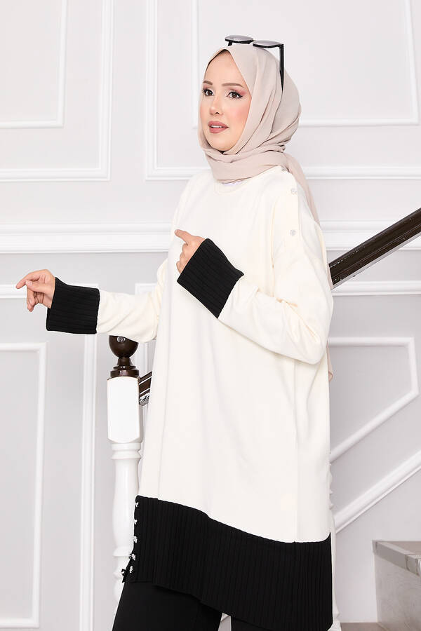 Taş Düğmeli İki Renk Triko Takım Krem - 4