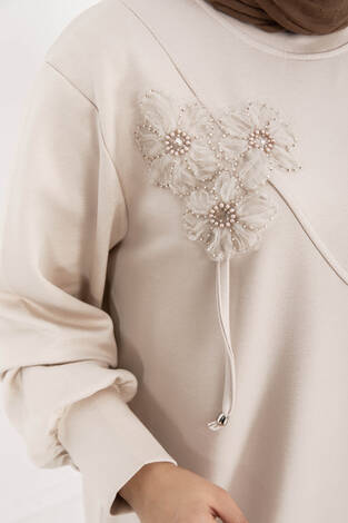 Taş İşleme Çiçek Detaylı Tesettür İkili Takım Bej - Thumbnail