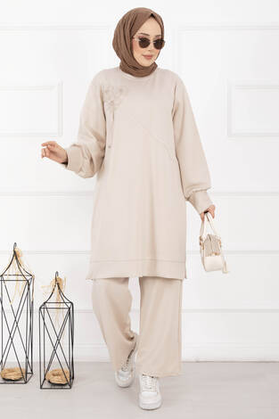 Taş İşleme Çiçek Detaylı Tesettür İkili Takım Bej