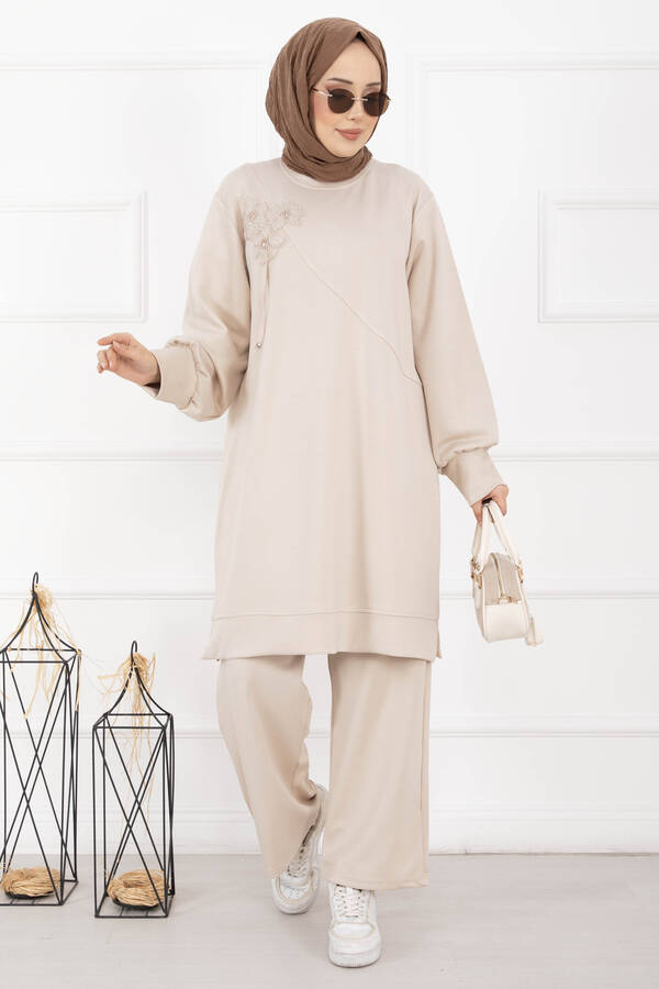 Nz - Taş İşleme Çiçek Detaylı Tesettür İkili Takım Bej