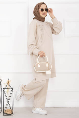 Taş İşleme Çiçek Detaylı Tesettür İkili Takım Bej - Thumbnail