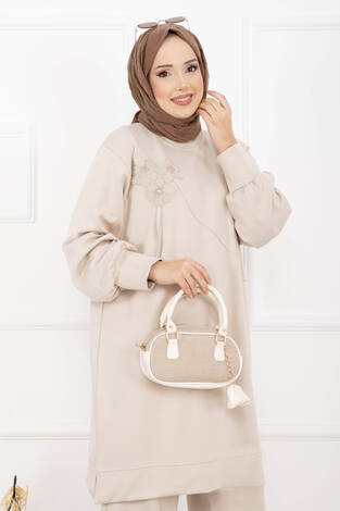 Taş İşleme Çiçek Detaylı Tesettür İkili Takım Bej - Thumbnail