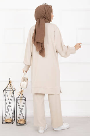 Taş İşleme Çiçek Detaylı Tesettür İkili Takım Bej - Thumbnail