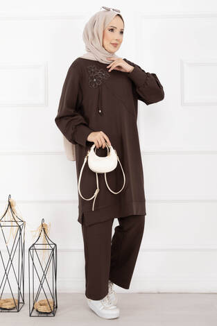Taş İşleme Çiçek Detaylı Tesettür İkili Takım Kahve - Thumbnail