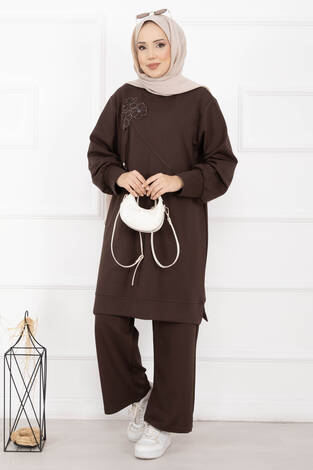Taş İşleme Çiçek Detaylı Tesettür İkili Takım Kahve - Thumbnail