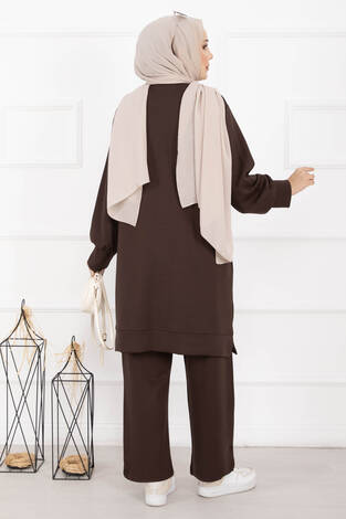 Taş İşleme Çiçek Detaylı Tesettür İkili Takım Kahve - Thumbnail