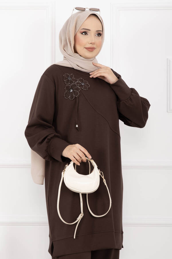 Nz - Taş İşleme Çiçek Detaylı Tesettür İkili Takım Kahve (1)