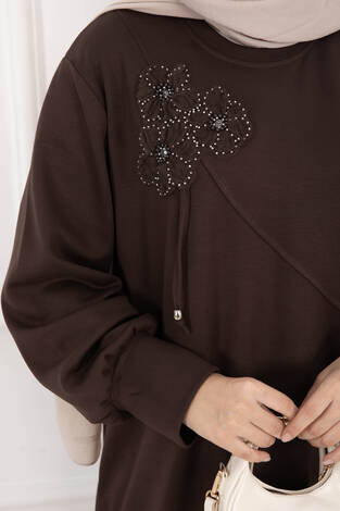 Taş İşleme Çiçek Detaylı Tesettür İkili Takım Kahve - Thumbnail