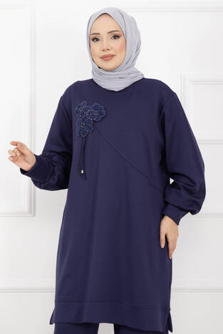 Taş İşleme Çiçek Detaylı Tesettür İkili Takım Lacivert - Thumbnail