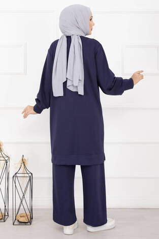 Taş İşleme Çiçek Detaylı Tesettür İkili Takım Lacivert - Thumbnail