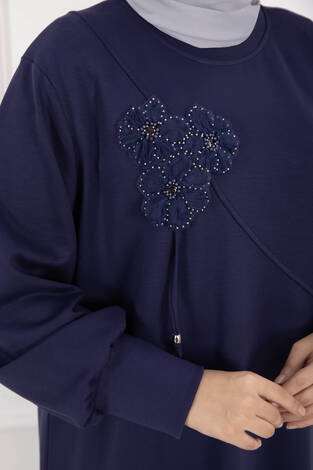 Taş İşleme Çiçek Detaylı Tesettür İkili Takım Lacivert - Thumbnail