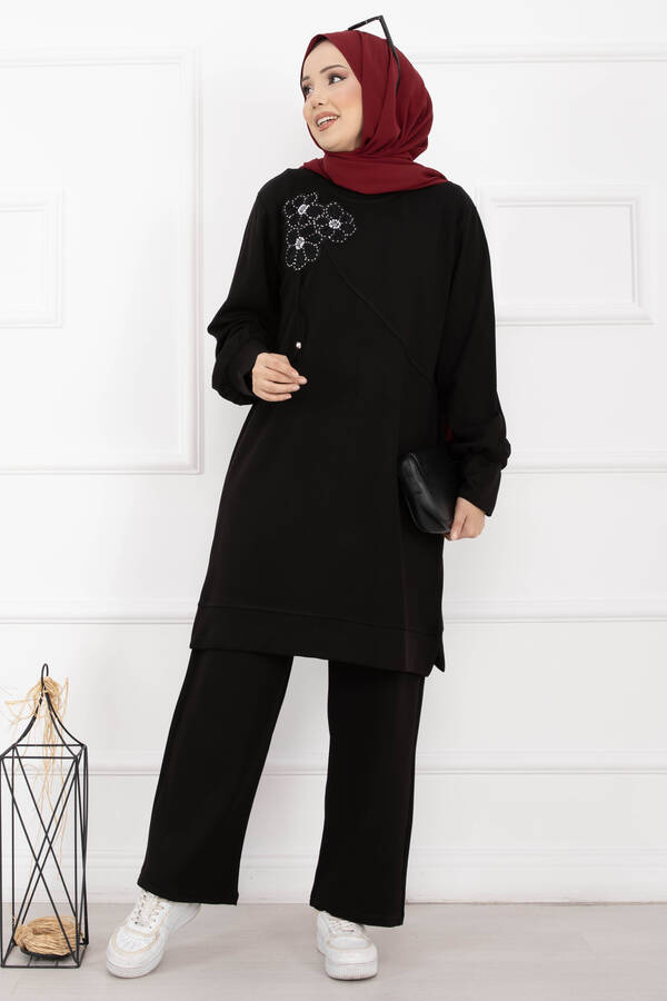 Nz - Taş İşleme Çiçek Detaylı Tesettür İkili Takım Siyah