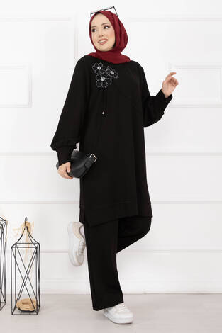 Taş İşleme Çiçek Detaylı Tesettür İkili Takım Siyah - Thumbnail