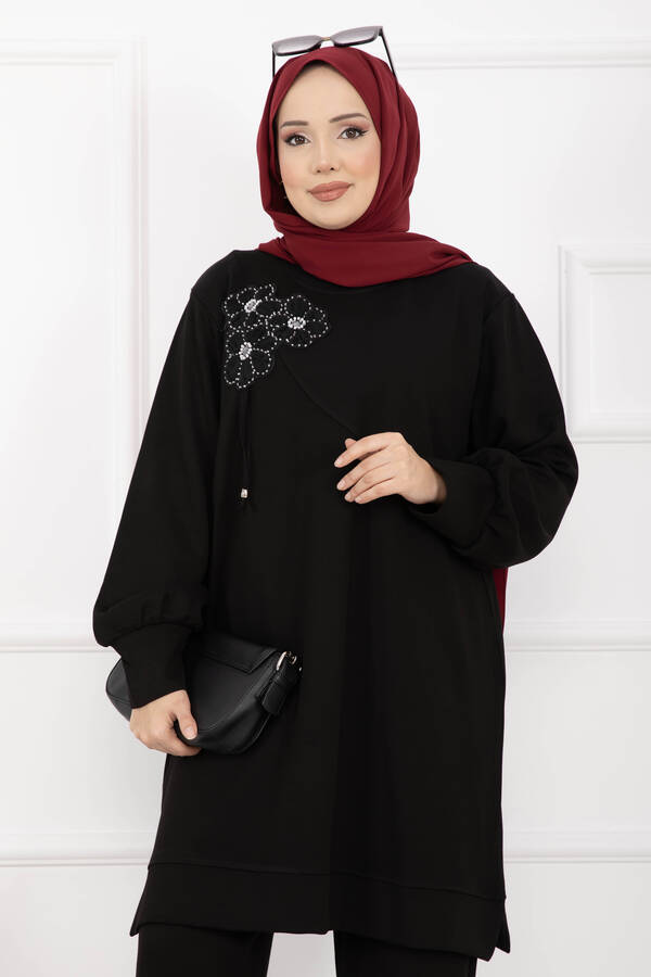 Nz - Taş İşleme Çiçek Detaylı Tesettür İkili Takım Siyah (1)