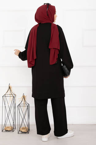 Taş İşleme Çiçek Detaylı Tesettür İkili Takım Siyah - Thumbnail